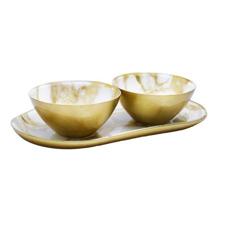 CLASSIC TOUCH DECOR Classic Touch MR1073 Marbleized 2 Bowl Relish Dish; White & Gold MR1073